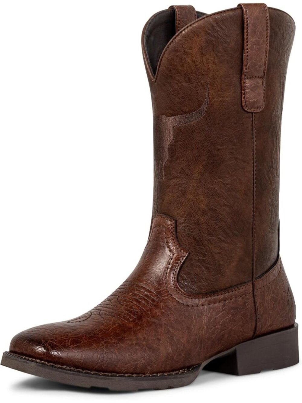 Men Brown Wide Square Toe Cowboy Boots Classic Embroidered Western Pull On Boot
